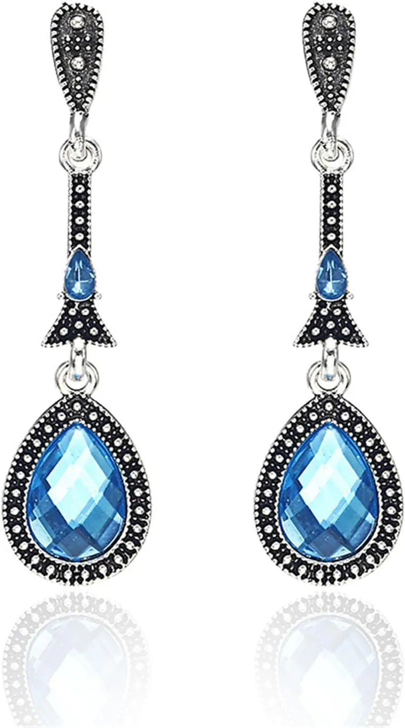 Boho Handmade Earrings for Women Unique Dainty Long Vintage Bohemian Ethnic Blue Crystal Teardrop Dangle Drop Statement Earrings Retro Simple Statement Jewelry