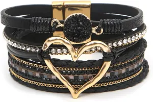 Boho Heart Leather Wrap Bracelets Trendy Shiny Rhinestone Multilayer Stackable Cuff Bangles Bracelets Christmas Gift Jewelry for Women