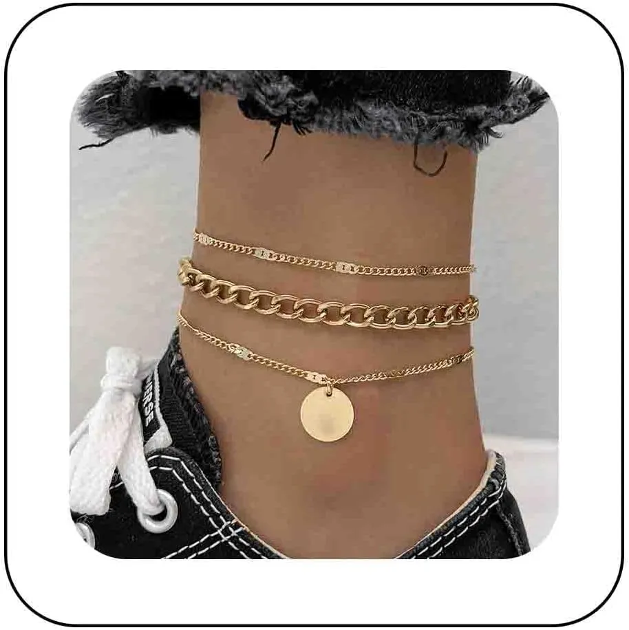Boho Layered Gold Anklet Bracelets Gold Disc Coin Ankelt Chain Layering Curb Link Anklets Round Disc Foot Chain Anklet Summer Anklets Jewelry for Women 3 Pcs