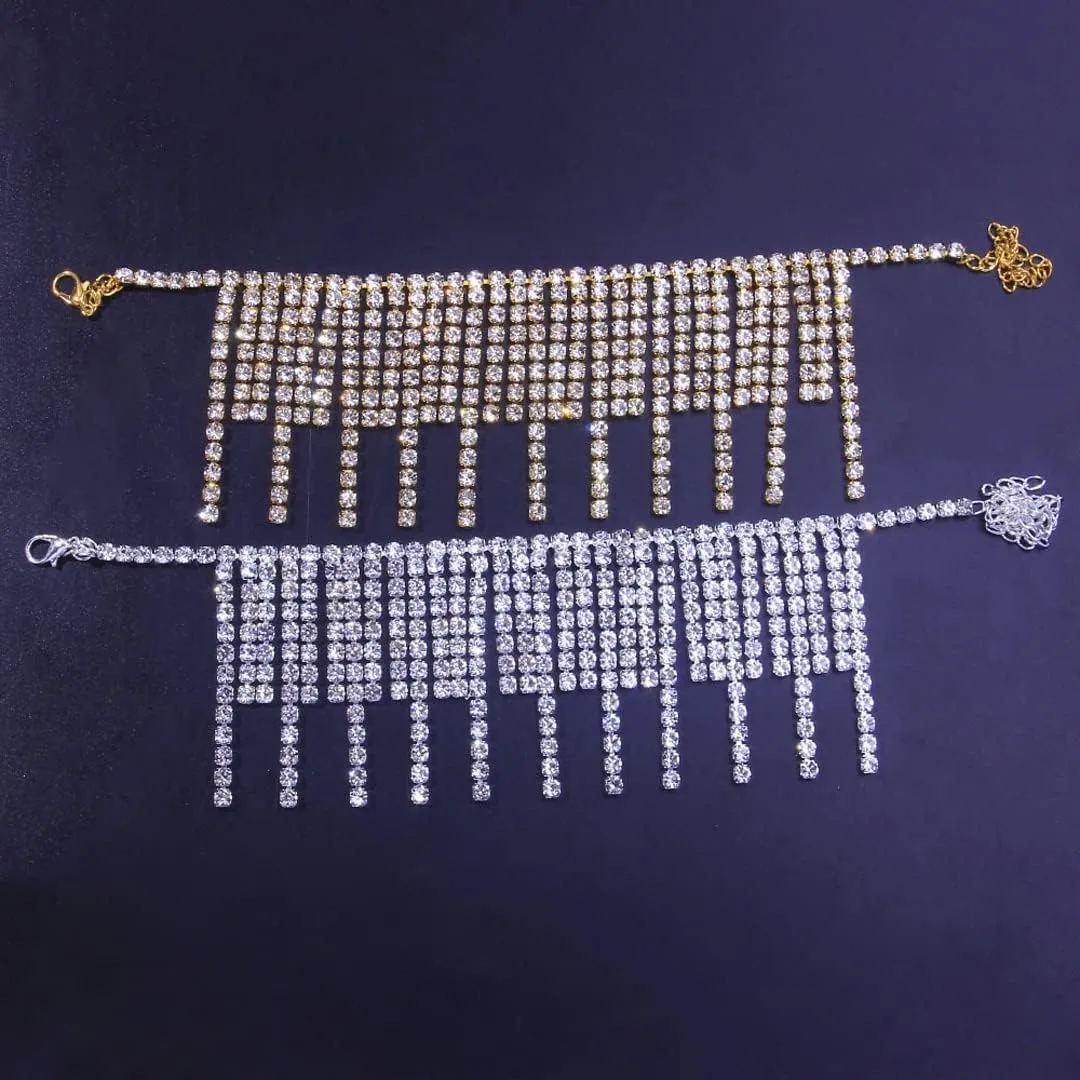 Boho Rhinestone Tassel Ankle Bracelet 2 Pcs Sexy Beach Wedding Jewelry Anklet Adjustable Foot Jewelry Accessories for Women