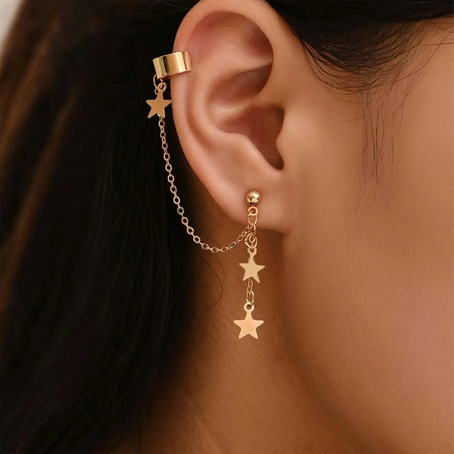 Boho Star Cuff Chain Earrings Gold Star Tassel Chain Earrings Star Long Chain Drop Earrings Vintage Star Chain Cartilage Chain Earrings Jewelry for Women