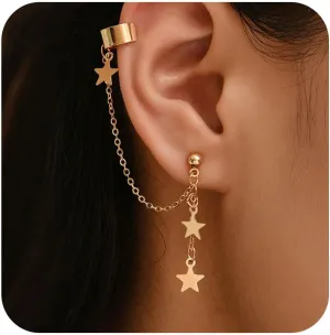 Boho Star Cuff Chain Earrings Gold Star Tassel Chain Earrings Star Long Chain Drop Earrings Vintage Star Chain Cartilage Chain Earrings Jewelry for Women