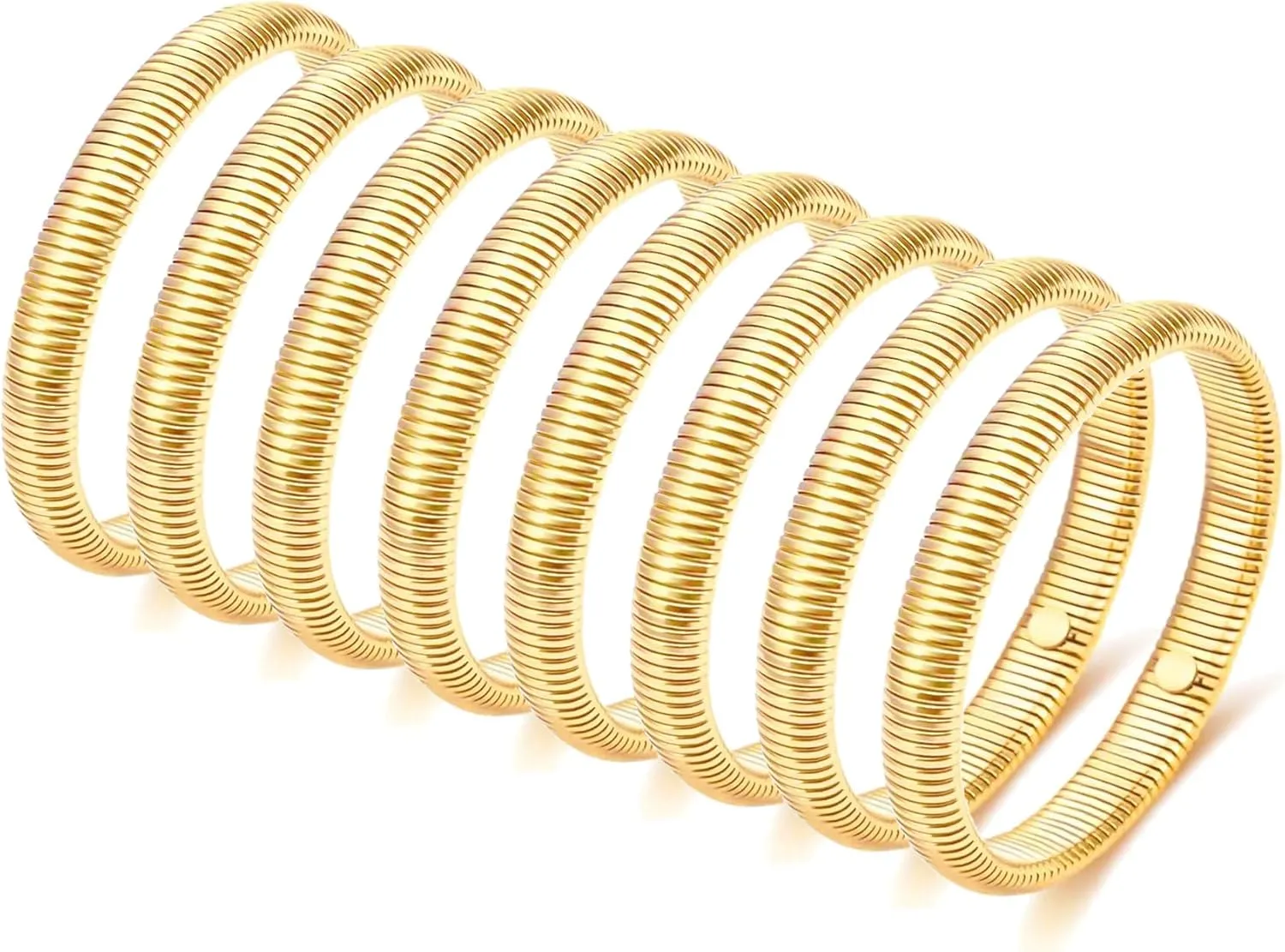 BOMAIL 8PCS Gold Bangles for Women - Chunky Gold Stretch Bracelet Stack 14K Gold Plated Stainless Steel Link Chain Bracelet Non Tarnish Flexible Wide Wristband Bracelets