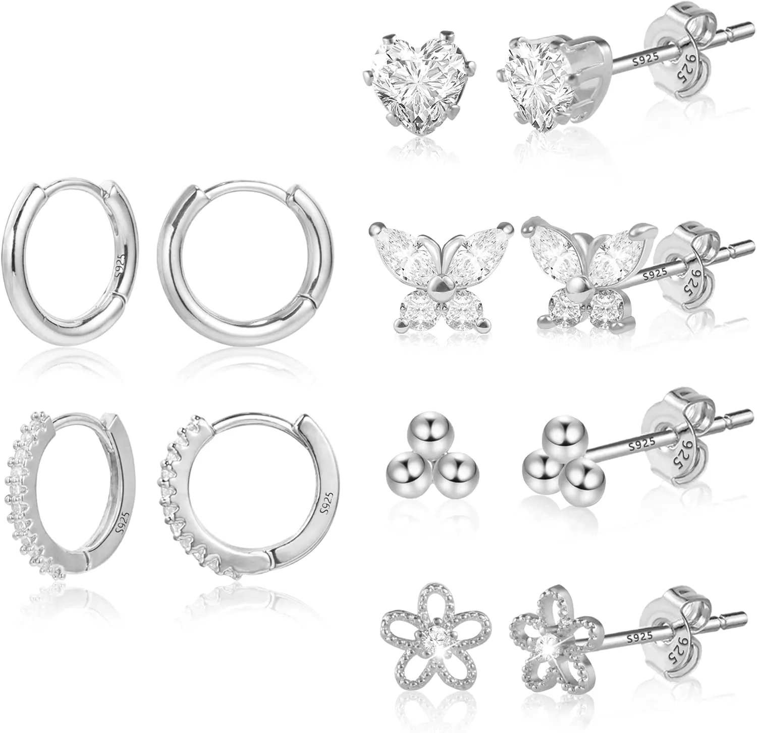 BOUTIQUELOVIN 14K Gold Stud Earrings Set for Women, for Multiple Piercing 925 Silver Plated Studs Earrings and Zirconia Earring Set Small Huggie Hoop Chain Earing