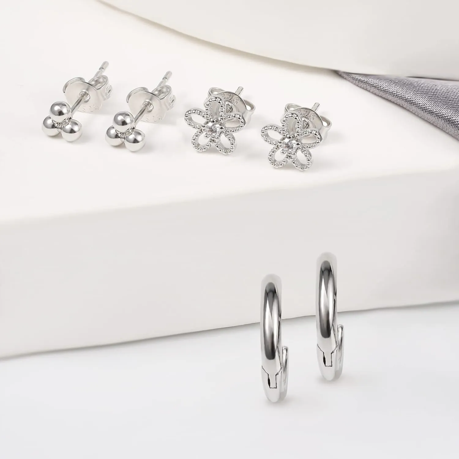 BOUTIQUELOVIN 14K Gold Stud Earrings Set for Women, for Multiple Piercing 925 Silver Plated Studs Earrings and Zirconia Earring Set Small Huggie Hoop Chain Earing