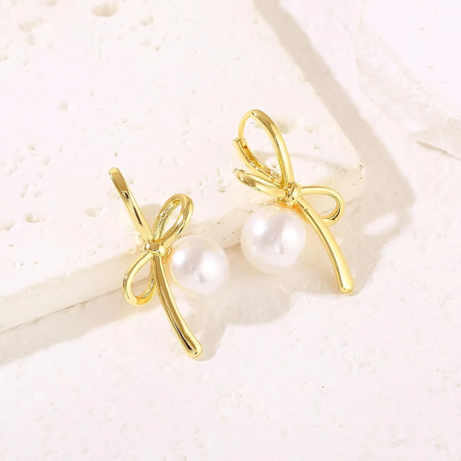 Bow Earrings for Women Pearl Bow Hoop Earrings Gold Silver Drop Dangle Earrings Trendy Bow Pearl Jewelry for Wedding Party