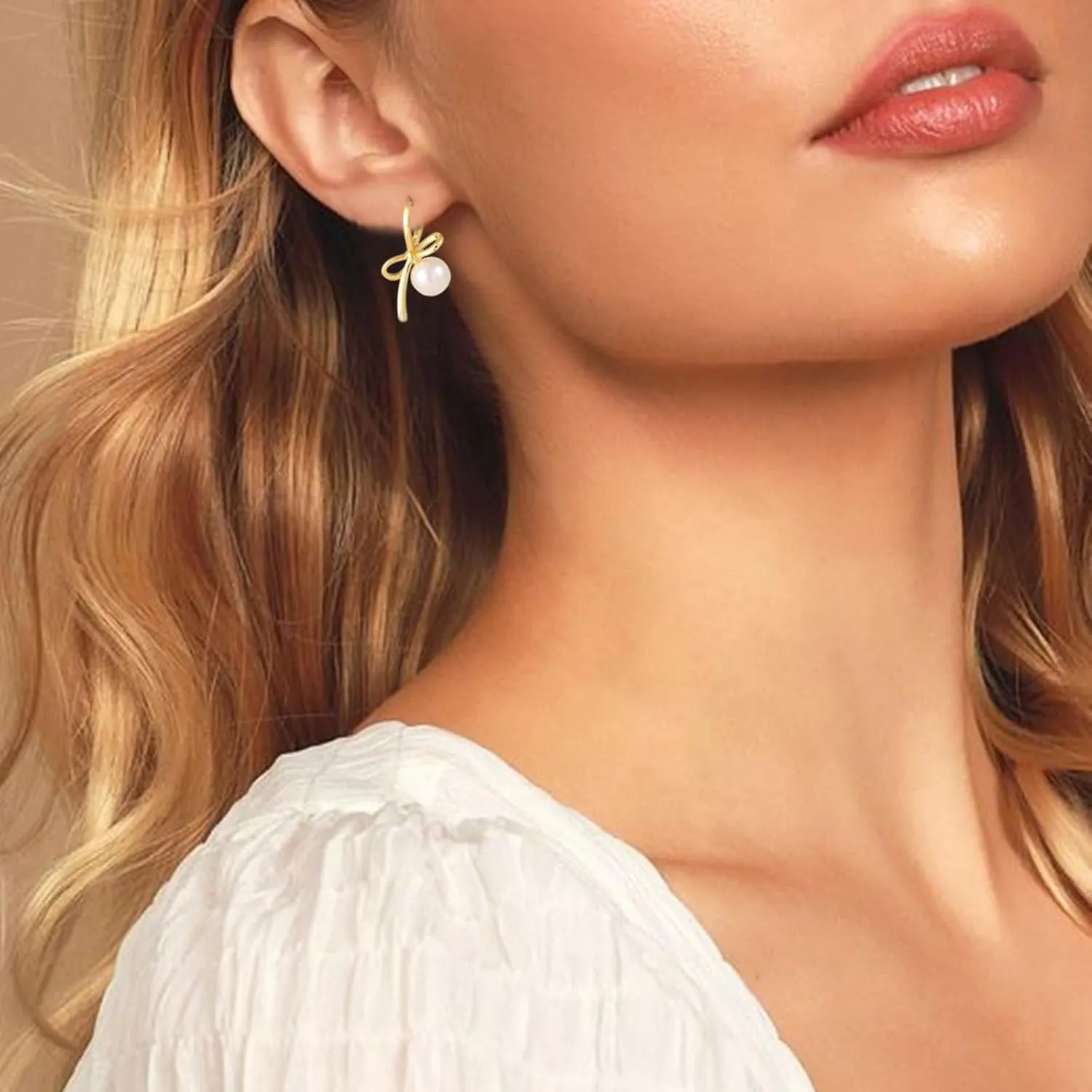 Bow Earrings for Women Pearl Bow Hoop Earrings Gold Silver Drop Dangle Earrings Trendy Bow Pearl Jewelry for Wedding Party