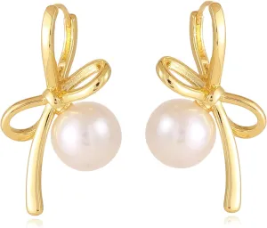 Bow Earrings for Women Pearl Bow Hoop Earrings Gold Silver Drop Dangle Earrings Trendy Bow Pearl Jewelry for Wedding Party