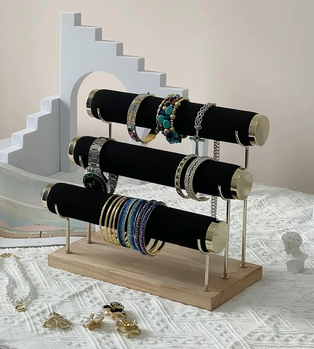 Bracelet Display Holder Small Size Jewelry Storage Stand 3 Tier Bangle Organizer Wooden Velvet Watch Tower