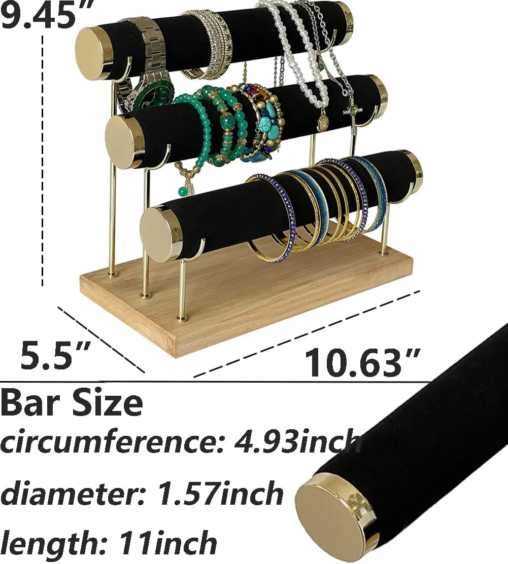 Bracelet Display Holder Small Size Jewelry Storage Stand 3 Tier Bangle Organizer Wooden Velvet Watch Tower