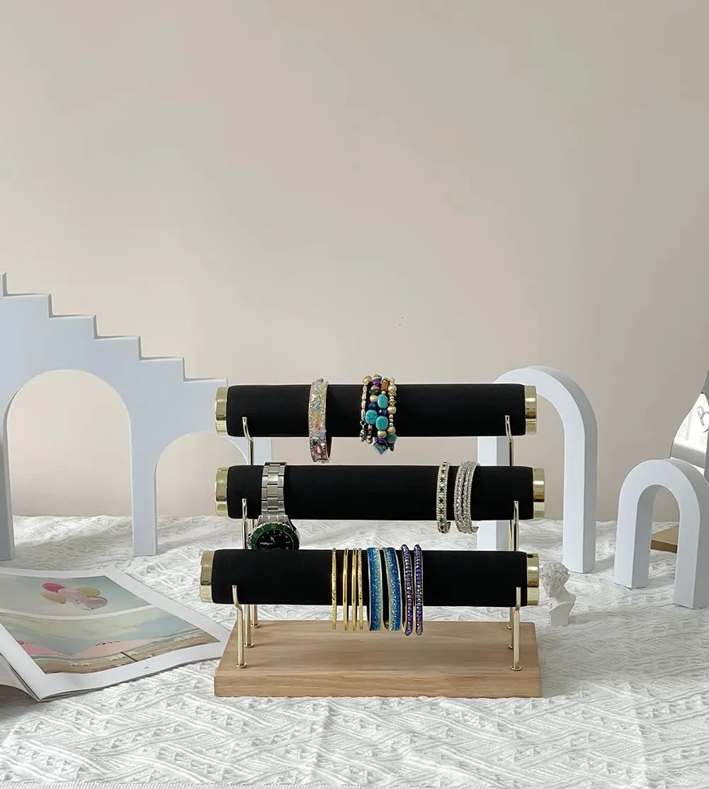 Bracelet Display Holder Small Size Jewelry Storage Stand 3 Tier Bangle Organizer Wooden Velvet Watch Tower