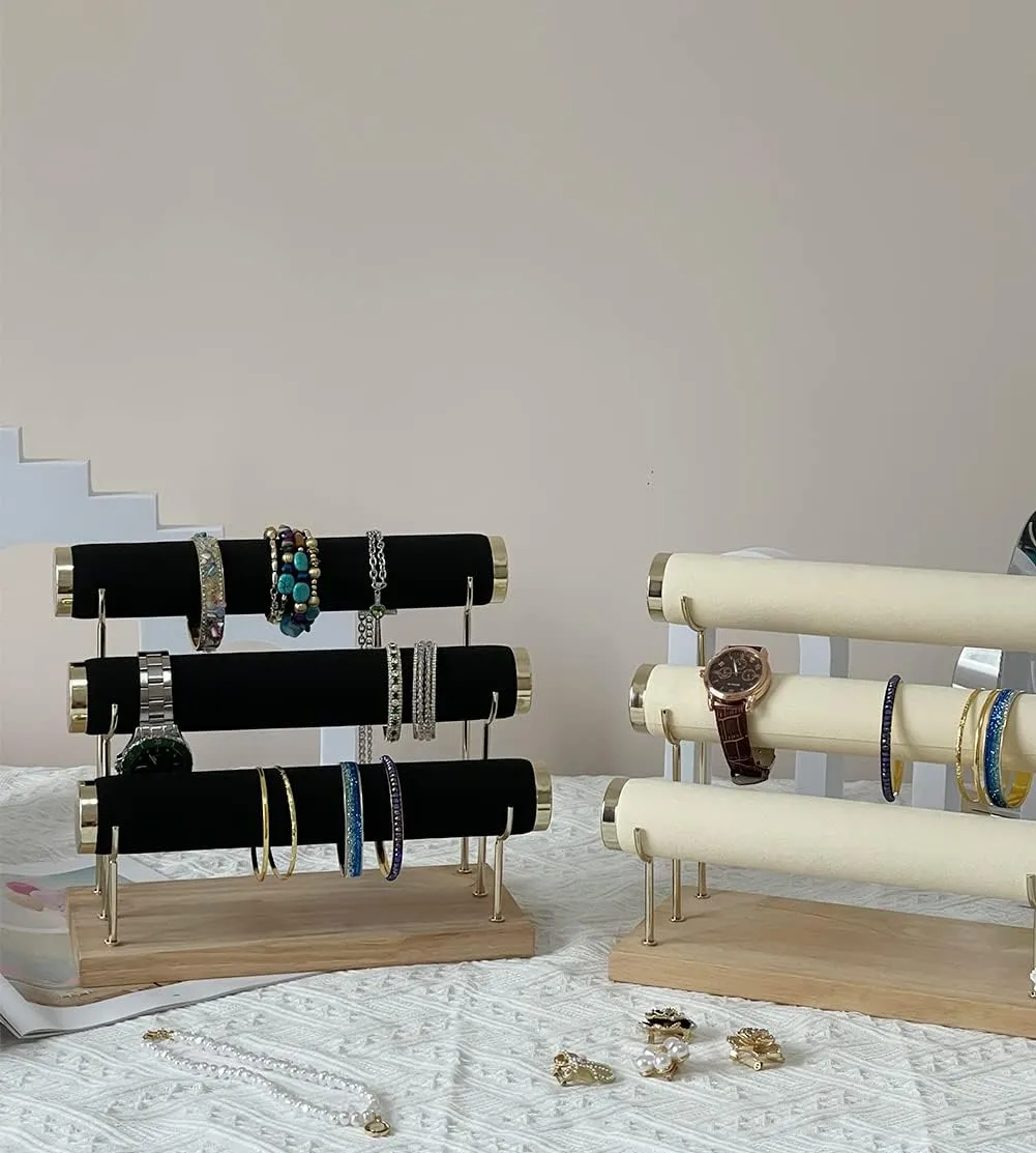 Bracelet Display Holder Small Size Jewelry Storage Stand 3 Tier Bangle Organizer Wooden Velvet Watch Tower