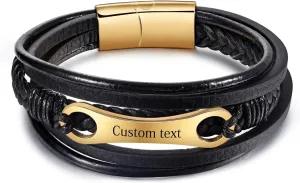 Bracelets for Men: Men's Leather Braided Cuff Bangle Wristbands - with Custom Name Gold Plated Stainless Steel Ornaments - Personalized Gifts for Men