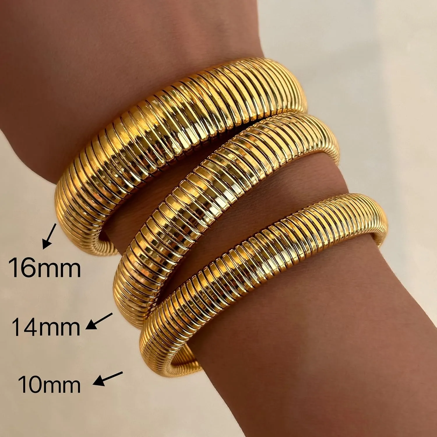 Bracelets for Women 14K Gold Plated/Silver Stretch 10/14/16mm Snake Chain Bangle Cuff Bracelet Jewelry Gifts for Women