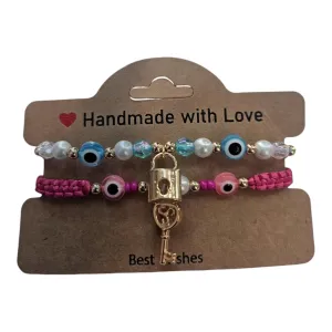 Braided Charm Bracelets, Best Friends Forever, Charms, Love, Couple, Girlfriend, Lover, Mom, Daughter, Sister, Evil Eye Pink and Light Blue