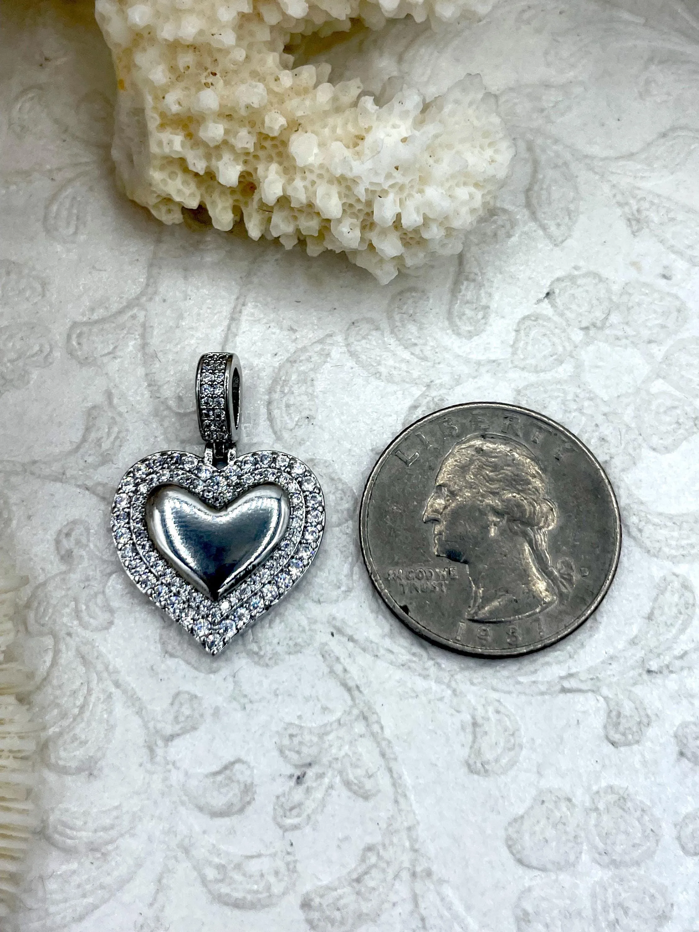 Brass Heart Charm/Pendants with CZ, Heart Pendants, Heart Gold or Silver Plated, Plated Brass Charms with CZ Bale, Gold or Silver, Fast Ship