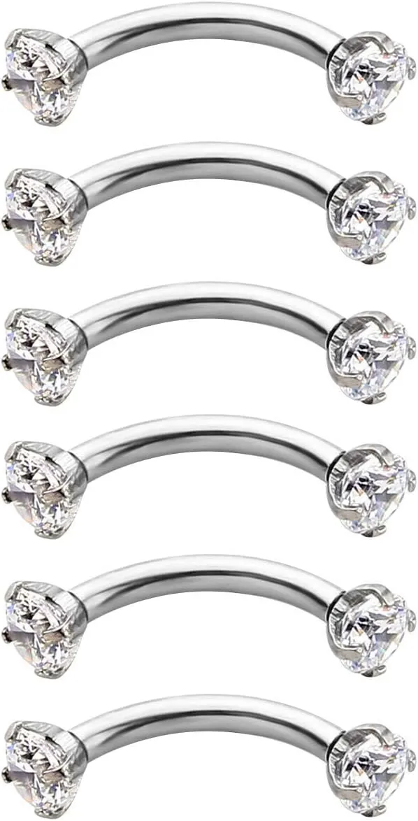Briana Williams 6pcs Stainless Steel Rook Daith Earrings Belly Lip Ring Eyebrow Studs Cartilage Tragus Cubic Zirconia Barbell Body Piercing 8mm (5/16")