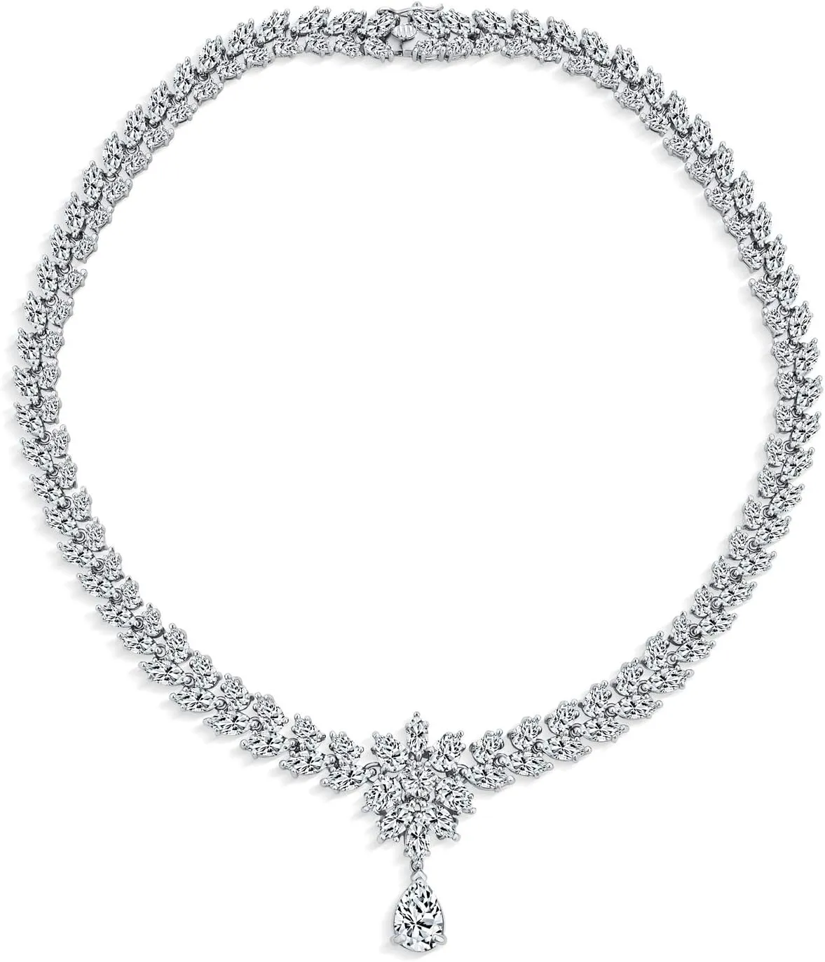 Bridal Jewelry Set Art Deco Vintage Estate Style Cubic Zirconia Marquise Leaf Teardrop AAA CZ Statement Cleavage Choker Necklace & Chandelier Dangle Clip On Or Pierced Earrings For Women Pageant