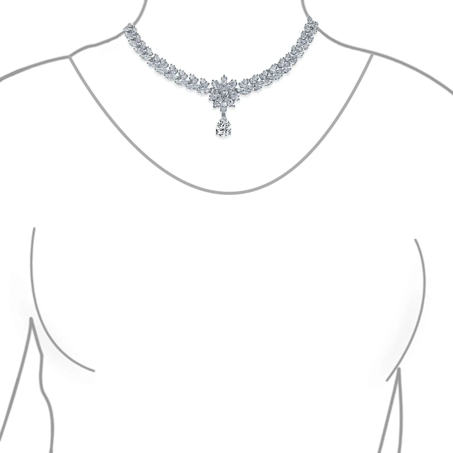 Bridal Jewelry Set Art Deco Vintage Estate Style Cubic Zirconia Marquise Leaf Teardrop AAA CZ Statement Cleavage Choker Necklace & Chandelier Dangle Clip On Or Pierced Earrings For Women Pageant
