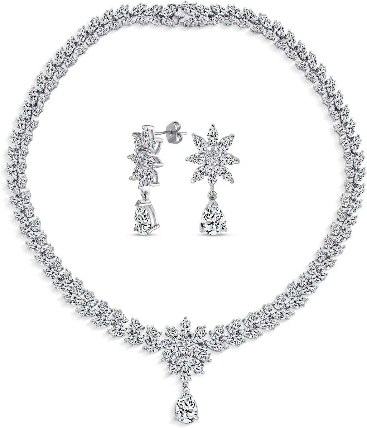 Bridal Jewelry Set Art Deco Vintage Estate Style Cubic Zirconia Marquise Leaf Teardrop AAA CZ Statement Cleavage Choker Necklace & Chandelier Dangle Clip On Or Pierced Earrings For Women Pageant