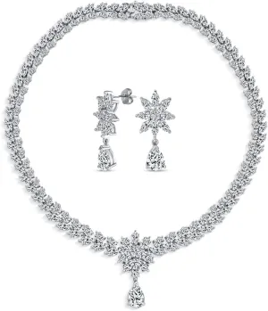 Bridal Jewelry Set Art Deco Vintage Estate Style Cubic Zirconia Marquise Leaf Teardrop AAA CZ Statement Cleavage Choker Necklace & Chandelier Dangle Clip On Or Pierced Earrings For Women Pageant