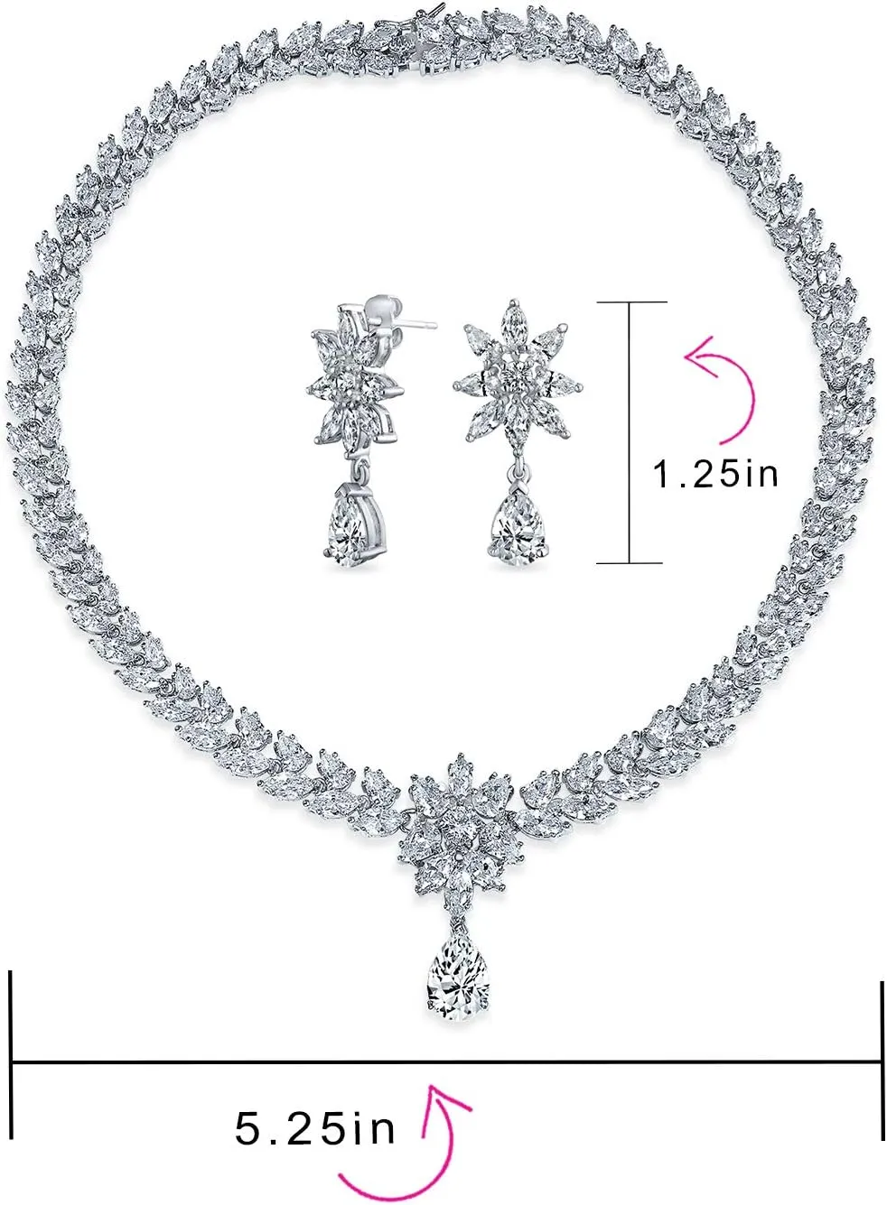 Bridal Jewelry Set Art Deco Vintage Estate Style Cubic Zirconia Marquise Leaf Teardrop AAA CZ Statement Cleavage Choker Necklace & Chandelier Dangle Clip On Or Pierced Earrings For Women Pageant