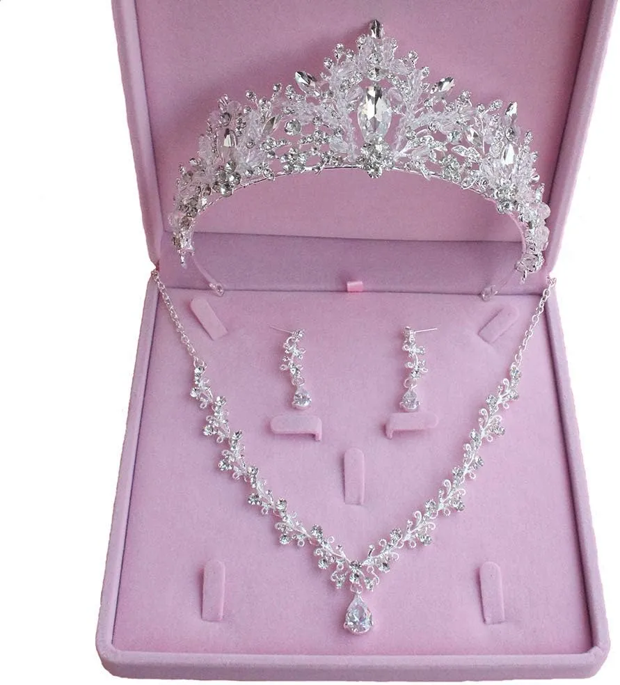 Bride Headdress Jewelry Wedding Necklace Earrings Set Crystal Crown Tiara