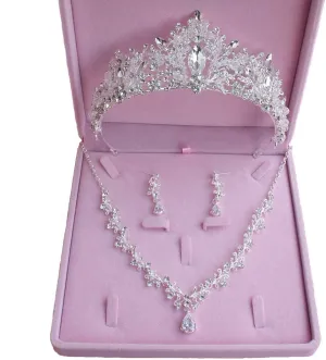 Bride Headdress Jewelry Wedding Necklace Earrings Set Crystal Crown Tiara