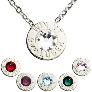 Bullet Cartridge Sliding Pendant, Crystal Colors (Birthstones January-June) - Rhodium Plated Ammo Shell Necklace Jewelry on Adjustable Stainless Steel Chain
