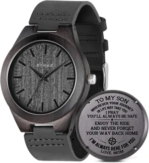 BYMAX Wooden Watch with Black Leather Strap, Unique Wood Pattern Dial