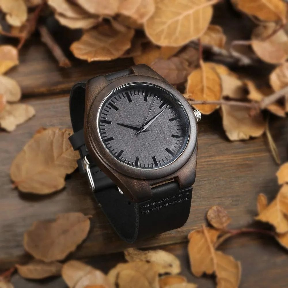 BYMAX Wooden Watch with Black Leather Strap, Unique Wood Pattern Dial