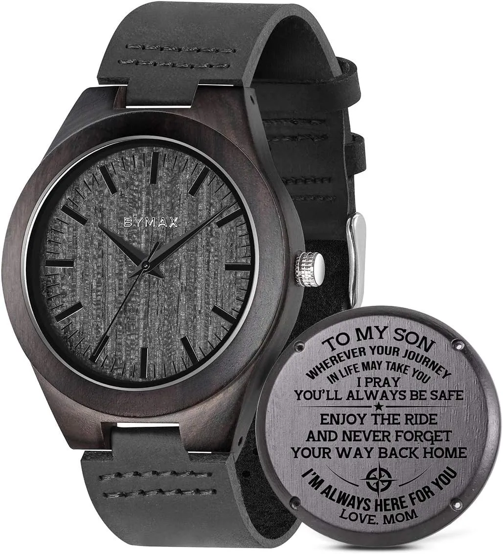 BYMAX Wooden Watch with Black Leather Strap, Unique Wood Pattern Dial