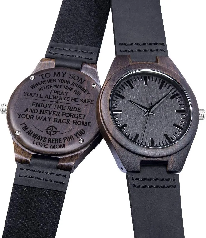 BYMAX Wooden Watch with Black Leather Strap, Unique Wood Pattern Dial