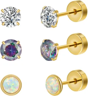 CANDYFANCY 5mm CZ Flat Back Earrings for Women Men 3 Pairs 20G Titanium Stud Earring AB Cubic Zircon Opal Ball Flat Stud Earrings Set for Hypoallergenic Cartilage Helix Lobe Piercing