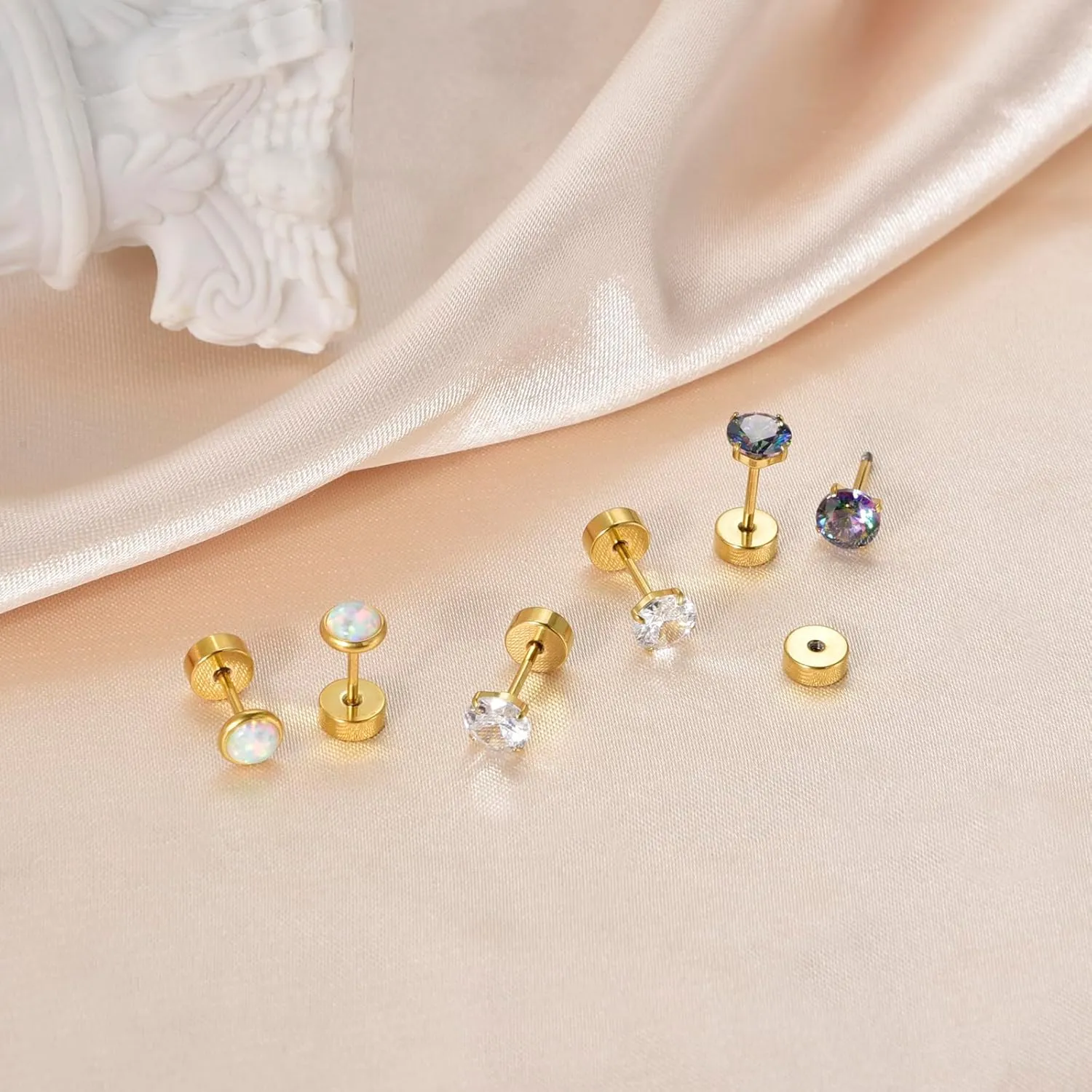 CANDYFANCY 5mm CZ Flat Back Earrings for Women Men 3 Pairs 20G Titanium Stud Earring AB Cubic Zircon Opal Ball Flat Stud Earrings Set for Hypoallergenic Cartilage Helix Lobe Piercing