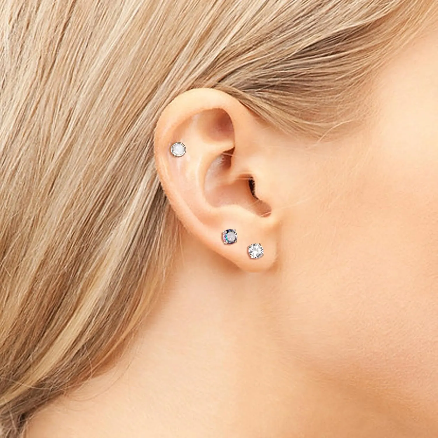CANDYFANCY 5mm CZ Flat Back Earrings for Women Men 3 Pairs 20G Titanium Stud Earring AB Cubic Zircon Opal Ball Flat Stud Earrings Set for Hypoallergenic Cartilage Helix Lobe Piercing