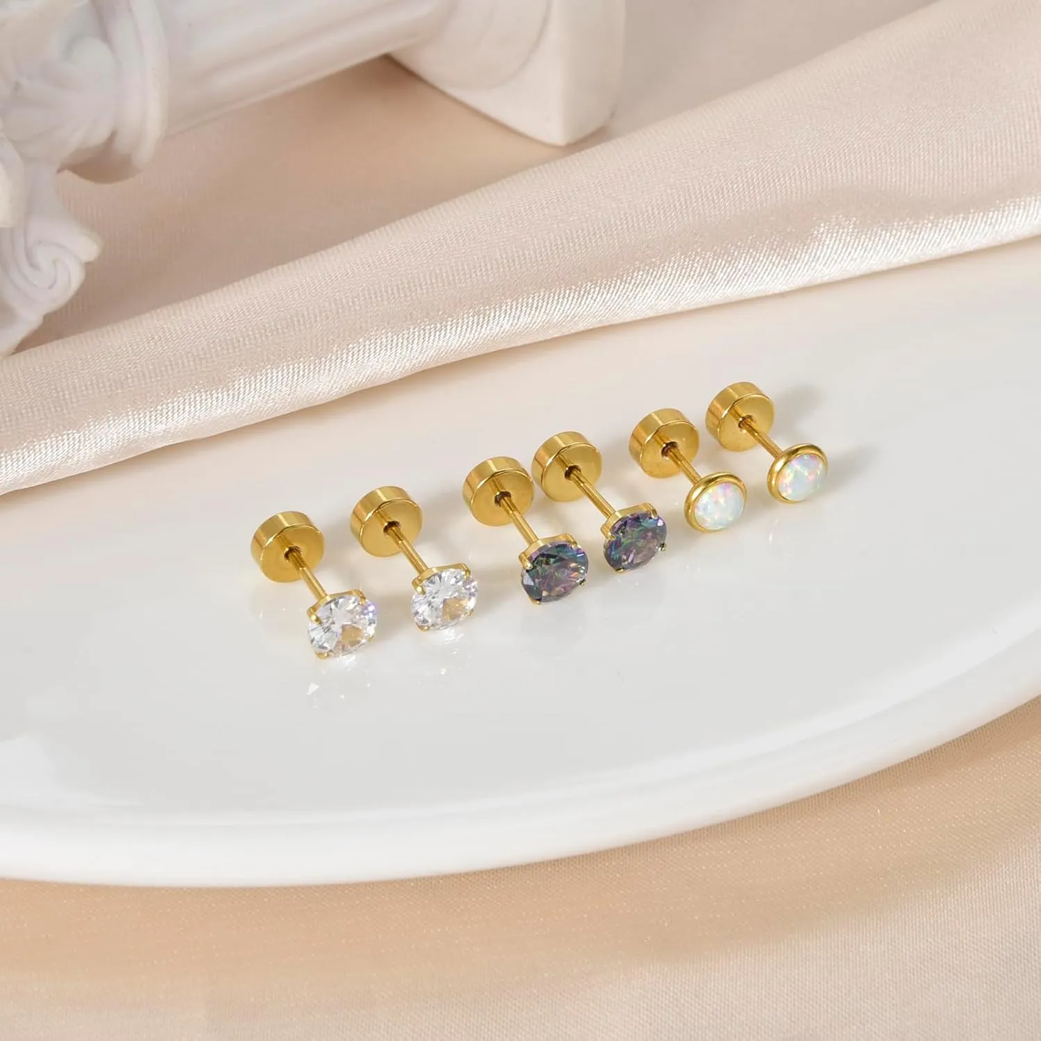 CANDYFANCY 5mm CZ Flat Back Earrings for Women Men 3 Pairs 20G Titanium Stud Earring AB Cubic Zircon Opal Ball Flat Stud Earrings Set for Hypoallergenic Cartilage Helix Lobe Piercing