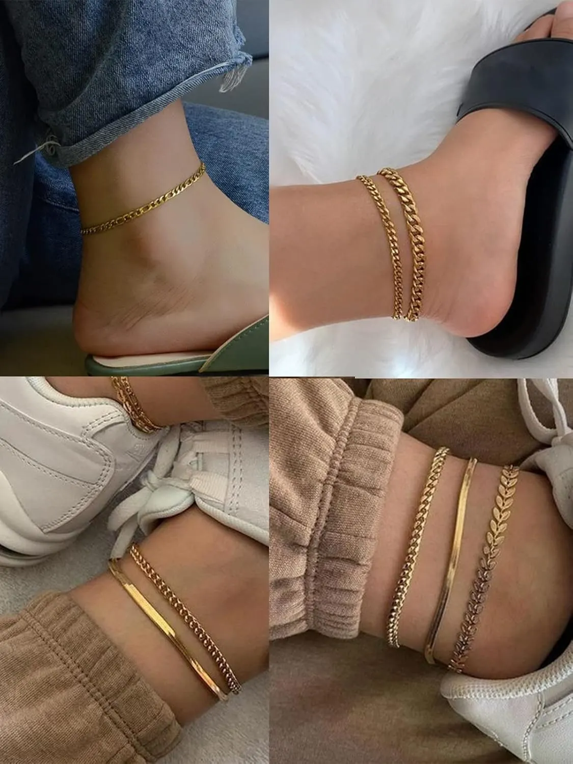 CANDYFANCY Gold Ankle Bracelets for Women Flat Mariner Cuban Rope Snake Anklet 18K Gold Plated Foot Chain Cuban Link Adjustable Ankle Bracelets for Women