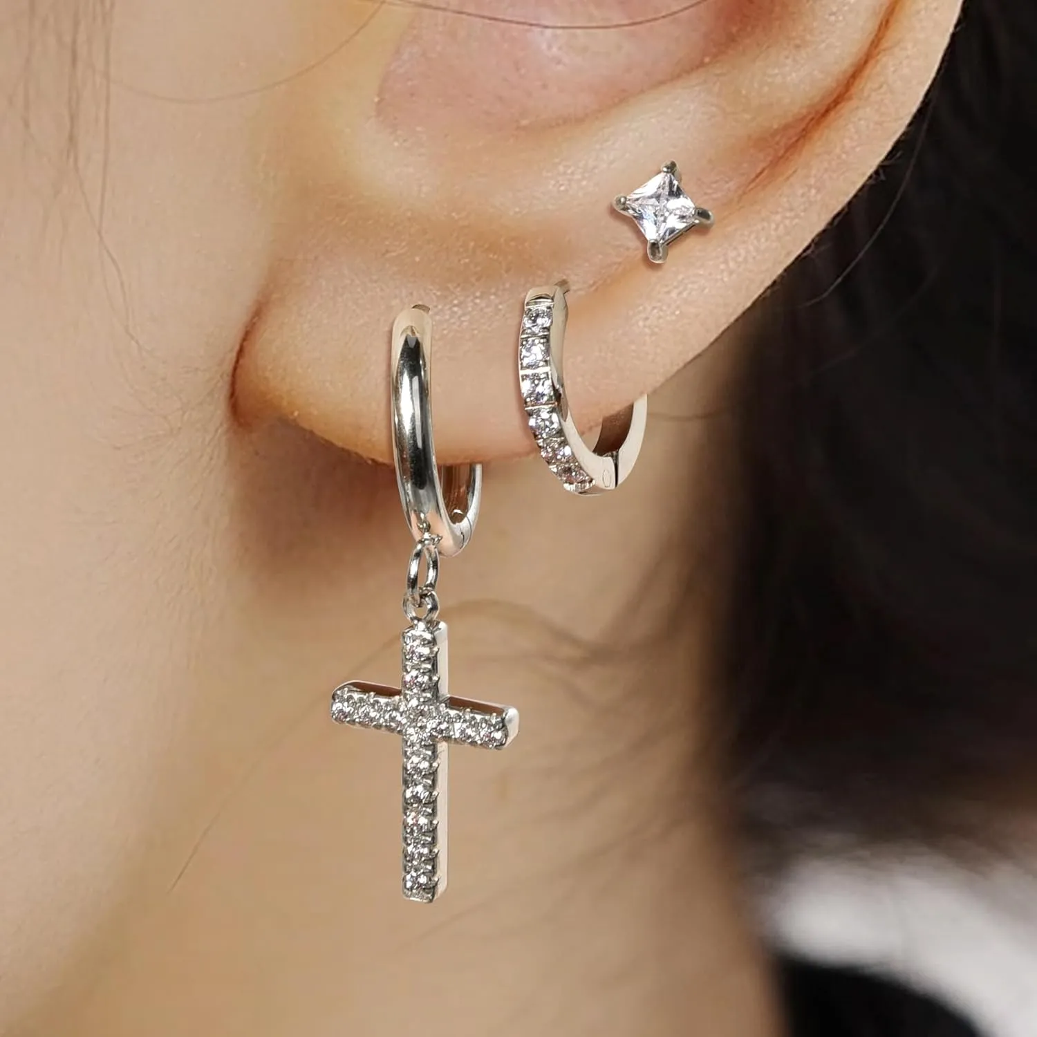 CANDYFANCY Gold Earring Set for Women Danity Cross Dangle Drop Earrings Cz Stud Hoops Minimalist Stainless Steel Earrings Stacks Set Christian Faith Jewelry Fashion Jewelry Birthday Gifts for Her