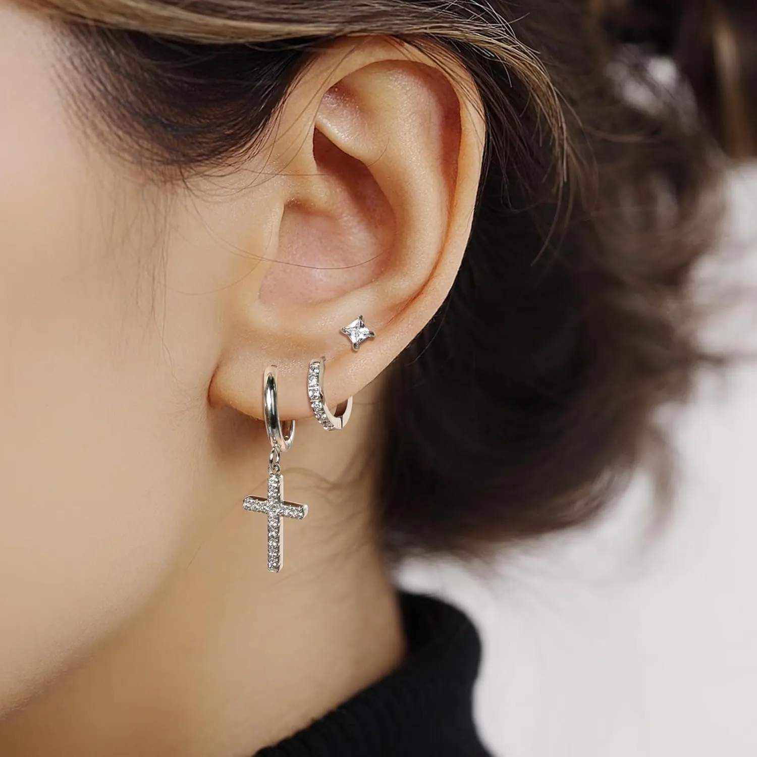 CANDYFANCY Gold Earring Set for Women Danity Cross Dangle Drop Earrings Cz Stud Hoops Minimalist Stainless Steel Earrings Stacks Set Christian Faith Jewelry Fashion Jewelry Birthday Gifts for Her