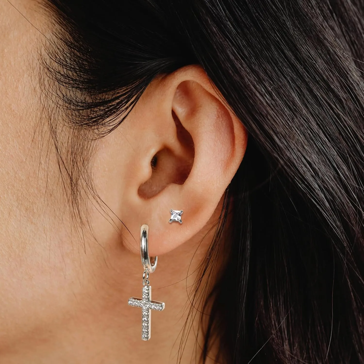 CANDYFANCY Gold Earring Set for Women Danity Cross Dangle Drop Earrings Cz Stud Hoops Minimalist Stainless Steel Earrings Stacks Set Christian Faith Jewelry Fashion Jewelry Birthday Gifts for Her