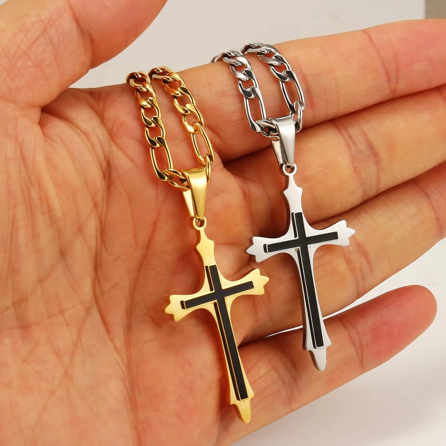 CaptainSteeL Cross Necklace for Men and Women-Gold/Silver Stainless Steel Double layer Cross Pendant Necklace for Men,18-24inchs,Gifts with Flannel Bag