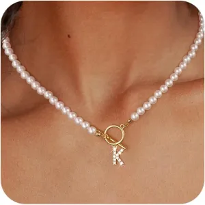 CAROVO Initial Toggle Pearl Necklace for Women Gold Chain Toggle Clasp Necklace for Women 14K Gold Plated Handmade CZ A-Z Letter Necklace Elizabeth Pendant Minimalist for Women