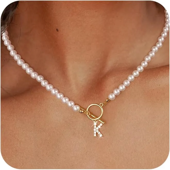 CAROVO Initial Toggle Pearl Necklace for Women Gold Chain Toggle Clasp Necklace for Women 14K Gold Plated Handmade CZ A-Z Letter Necklace Elizabeth Pendant Minimalist for Women