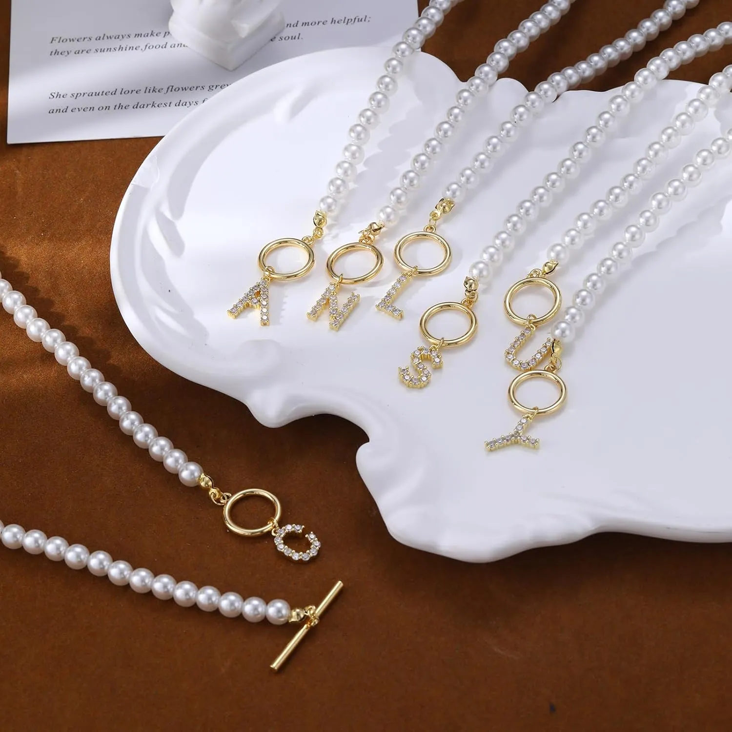 CAROVO Initial Toggle Pearl Necklace for Women Gold Chain Toggle Clasp Necklace for Women 14K Gold Plated Handmade CZ A-Z Letter Necklace Elizabeth Pendant Minimalist for Women