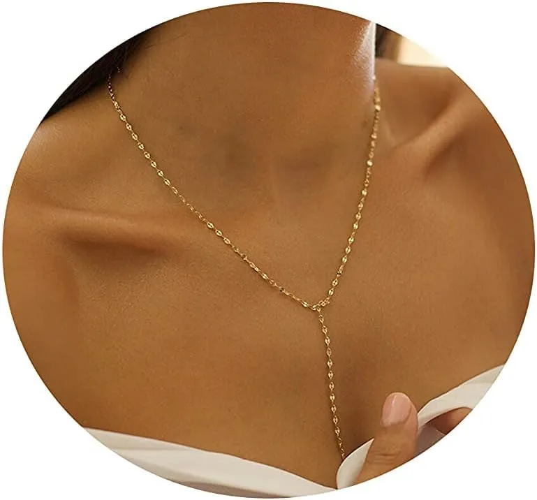 CAROVO Lariat Necklace for Women,Dainty Silver Necklace 14k Gold Plated Diamond Lariat Y-Shaped Long Drop Necklaces Lip Sparkle Dot Chain Bead Necklace Jewelry for Gifts