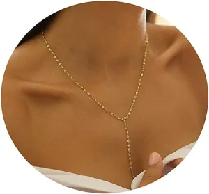 CAROVO Lariat Necklace for Women,Dainty Silver Necklace 14k Gold Plated Diamond Lariat Y-Shaped Long Drop Necklaces Lip Sparkle Dot Chain Bead Necklace Jewelry for Gifts