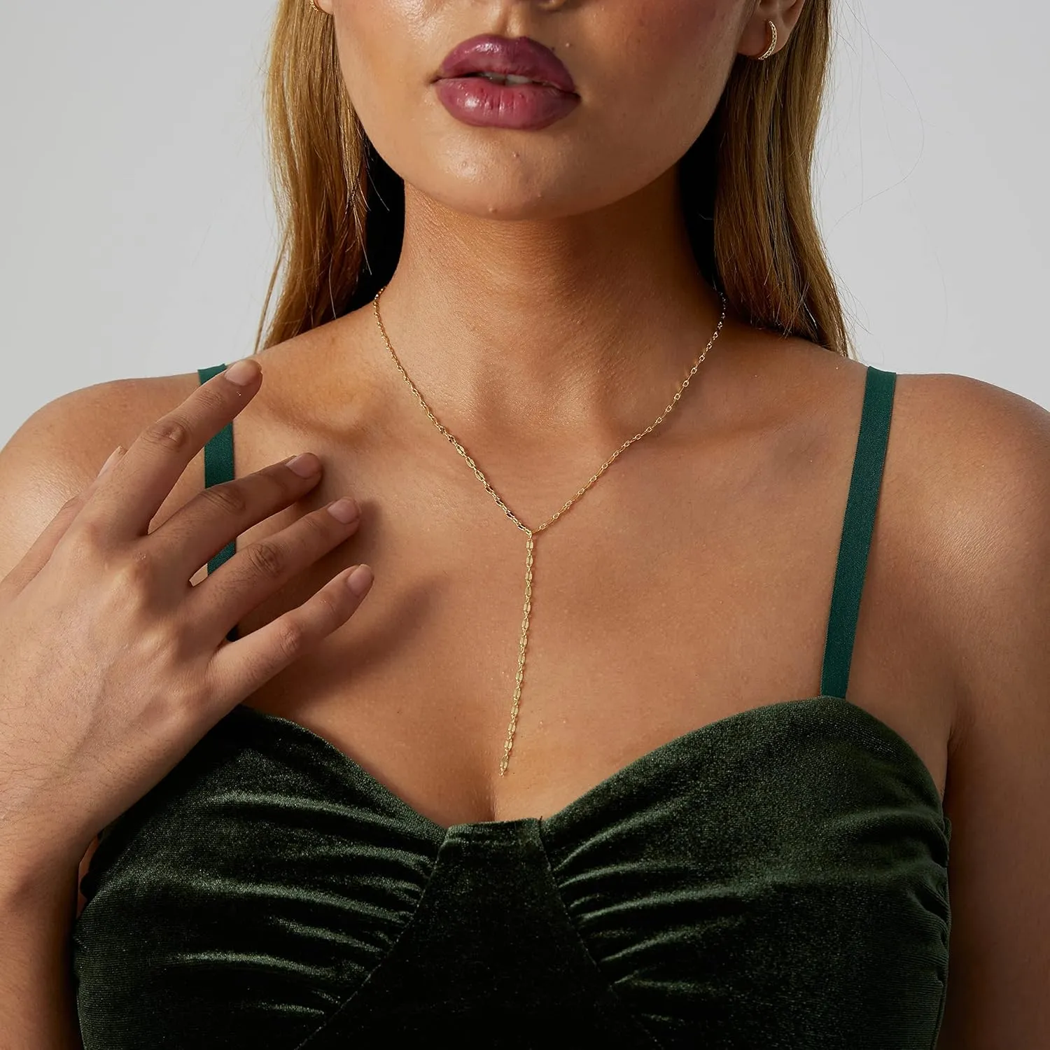 CAROVO Lariat Necklace for Women,Dainty Silver Necklace 14k Gold Plated Diamond Lariat Y-Shaped Long Drop Necklaces Lip Sparkle Dot Chain Bead Necklace Jewelry for Gifts