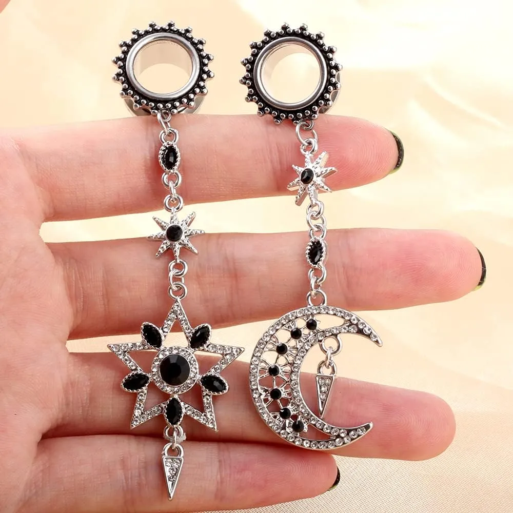 Casvort 2 PCS 6mm-25mm Hypoallergenic 316 Stainless Steel Beautiful Asymmetrical Silver Moon Star Dangle Ear Plugs Tunnels Gauges Body Jewelry for Wedding