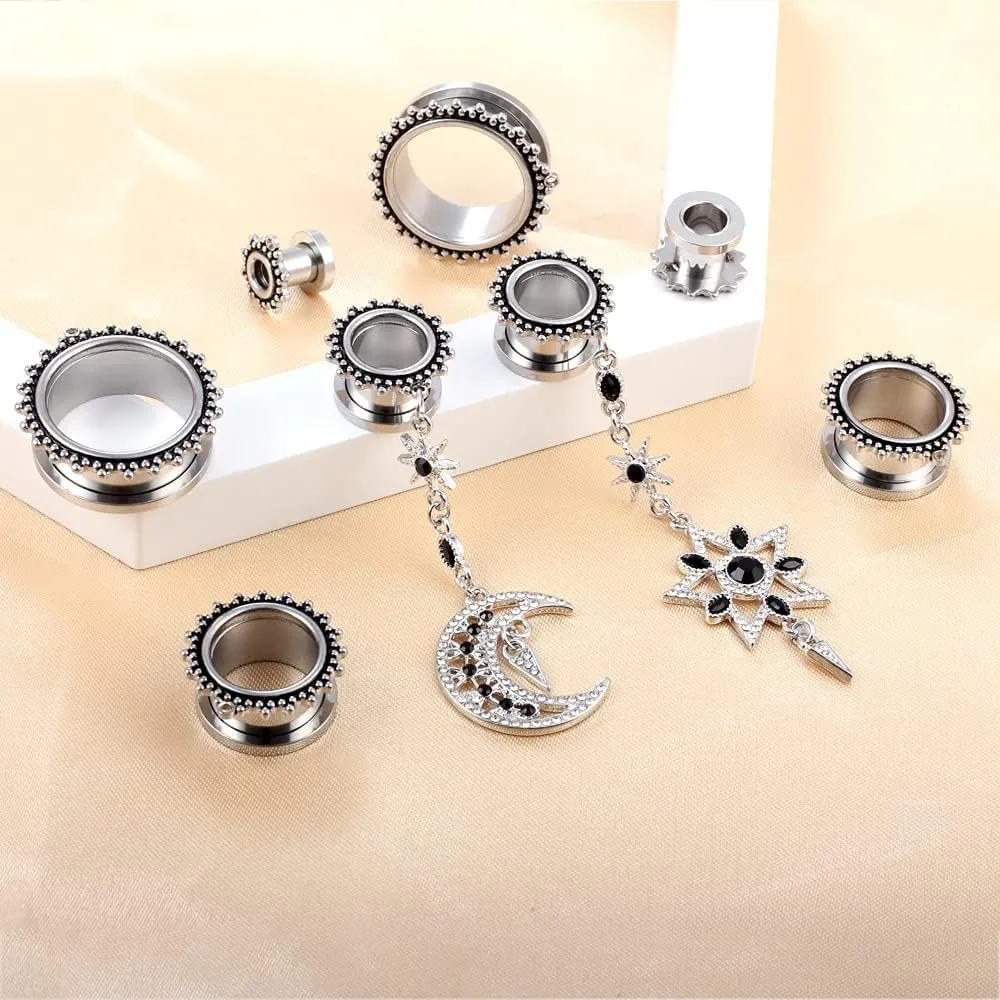 Casvort 2 PCS 6mm-25mm Hypoallergenic 316 Stainless Steel Beautiful Asymmetrical Silver Moon Star Dangle Ear Plugs Tunnels Gauges Body Jewelry for Wedding